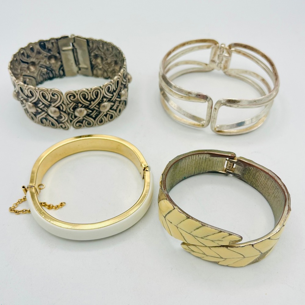 Vintage Bracelet Lot 4 Silver Gold Tone Enamel Filigree Leaf Bangle Cuff Set